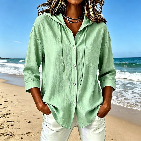 YTCAMLO Flowy Womens Button Down Shirts, Summer Casual 3/4 Sleeve Cotton Linen Hoodies with Pocket, Drawstring Beach Coverups
