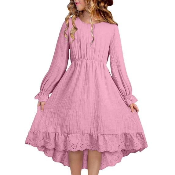 YTCAMLO Girls Soft Cotton Long Dresses Casual Spring Long Sleeve Sundress High Low Hem A Line Dress High Waisted Summer Boho Dress, Pink 14-15Years