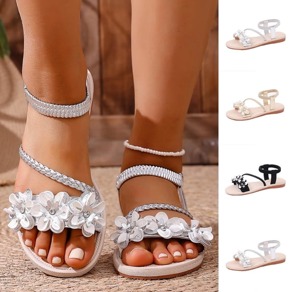 YTCAMLO Glitter Flat Sandals for Women, Casual Open Toe Floral Strappy Sandals with Ankle Strap, Travel Vacation Wedding Shoes