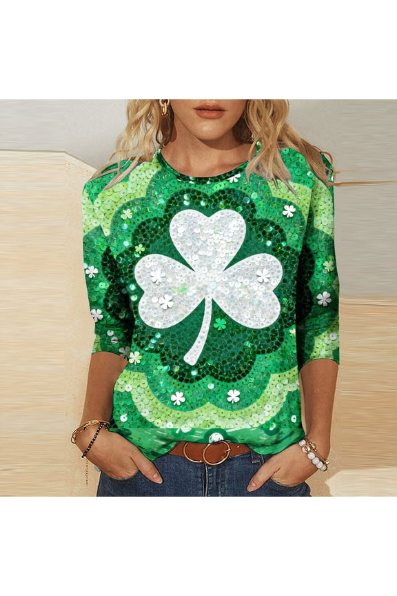 Glitter Sequin Womens 3/4 Sleeve Shirts Trendy Spring Loose Fit Tunic Tops St Patricks Blouses Funny Shamrock Graphic Tees, A XXL