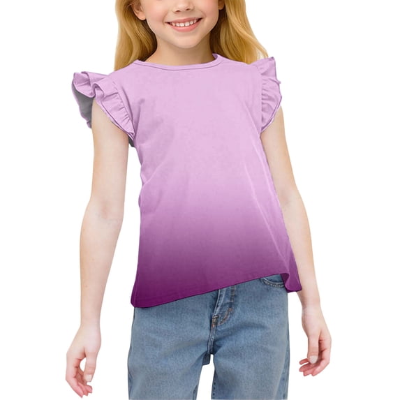 YTCAMLO Gradient Printed Girls Chiffon Blouses Casual Fashion Comfy T Shirts Ruffle Sleeve Tunic Tees Loose Flowy Flutter Tops, Pink1 6-7 Years