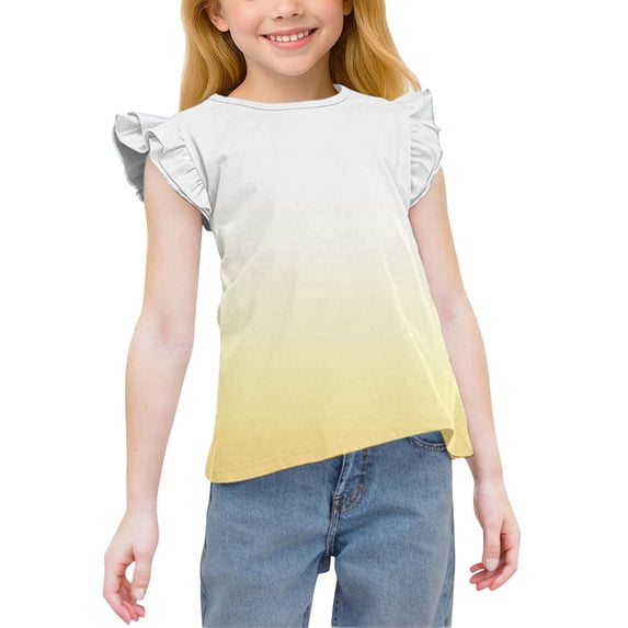YTCAMLO Gradient Printed Girls Chiffon Blouses Casual Fashion Comfy T Shirts Ruffle Sleeve Tunic Tees Loose Flowy Flutter Tops, Yellow2 14-15 Years