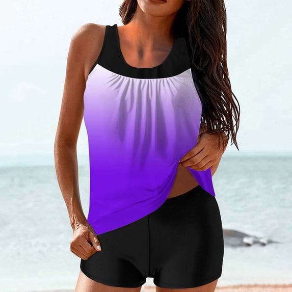 YTCAMLO Gradient Printed Womens 2 Piece Tankini Swimsuit Ruched Tank Top with Boyshorts Baggy Swimwear Tummy Control Bathing Suit, Purple1 M