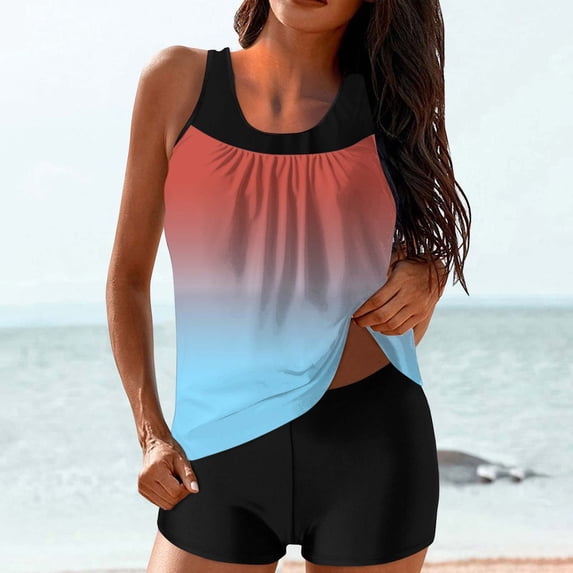 YTCAMLO Gradient Printed Womens 2 Piece Tankini Swimsuit Ruched Tank Top with Boyshorts Baggy Swimwear Tummy Control Bathing Suit, Watermelon Red2 S