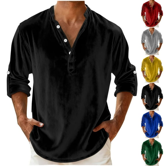 YTCAMLO Henley V Neck Long Sleeve Shirts for Men, Casual Velvet Tops Soft Regular Fit Business T Shirt Comfy Solid Color Pullover Tops, Yellow M