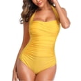 thumbnail image 1 of YTCAMLO High Cut One Piece Swimsuit Women, Fashion Modest Swimwear with Shorts, Halter Backless Ruched Tummy Control Bathing Suits, Yellow M, 1 of 5