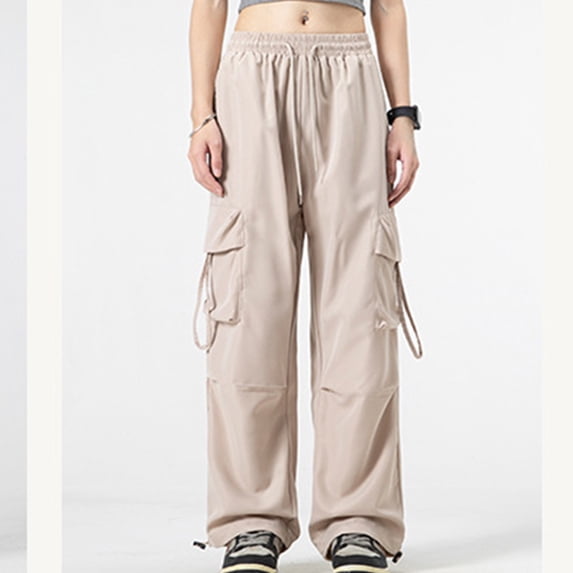 YTCAMLO High Waisted Cargo Pants for Women Trendy Lightweight Flowy Parachute Pants Wide Leg Trousers Mutil Pockets Hiking Pants, Khaki XXL
