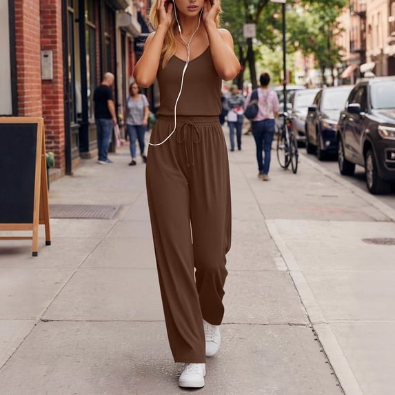 YTCAMLO High Waisted Jumpsuits for Women Summer Trendy Baggy Spaghetti Straps Wide Leg Pants Rompers Drawstring One Piece Outfits, Brown M