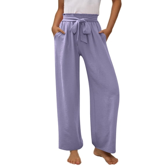 YTCAMLO High Waisted Linen Pants for Girls Casual Baggy Wide Leg Pants Cute Flowy Palazzo Pants with Pockets Drawstring Long Trousers, Purple 8-9 Years