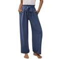 thumbnail image 1 of YTCAMLO High Waisted Linen Pants for Girls Casual Baggy Wide Leg Pants Cute Flowy Palazzo Pants with Pockets Drawstring Long Trousers, Navy 8-9 Years, 1 of 8