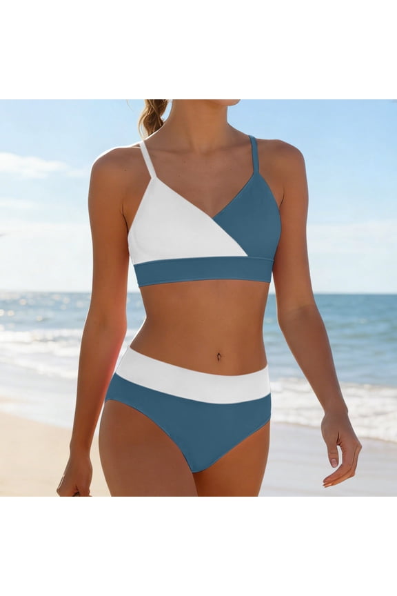 High Waisted Teen Girls Bikini Sets 2 Piece Summer Cute Swim Suits Sports Color Block Bathing Suit High Cut Vacation Clothes, Blue 11 Years