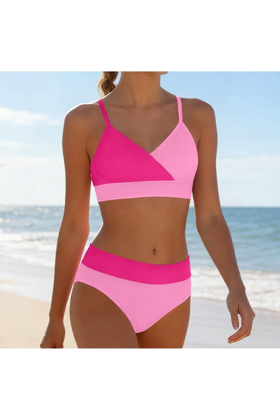High Waisted Teen Girls Bikini Sets 2 Piece Summer Cute Swim Suits Sports Color Block Bathing Suit High Cut Vacation Clothes, Pink 7 Years