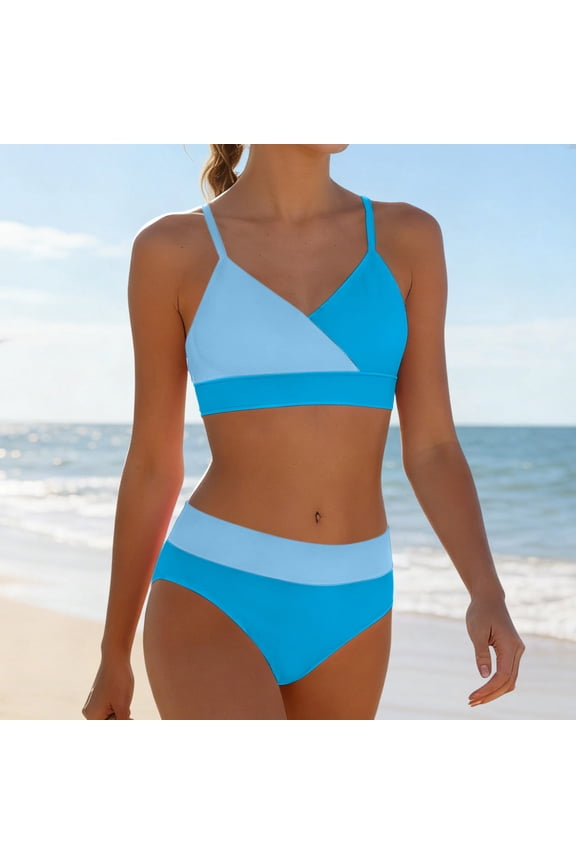 High Waisted Teen Girls Bikini Sets 2 Piece Summer Cute Swim Suits Sports Color Block Bathing Suit High Cut Vacation Clothes, Sky Blue 11 Years