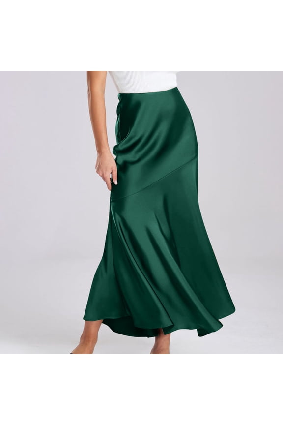 High Waisted Womens Satin Maxi Skirts Elegant Fashion A Line Skirt Flowy Flared Skirts Wedding Party Guest Fall Long Skirt, Green XL
