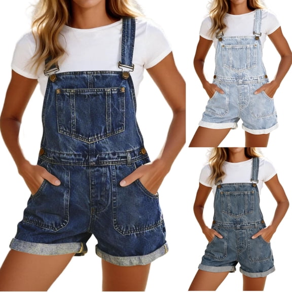YTCAMLO Jean Overalls for Women Classic Fit Adjustable Straps Short Jumpsuits with Pockets Lightweight Folded Hem Denim Shortalls