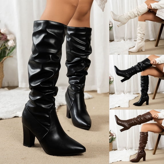 YTCAMLO Knee High Slouch Boots for Women Fashion Chunky Heel Pointed Toe Fall Winter Tall Boots Evening Office Dress Long Boots