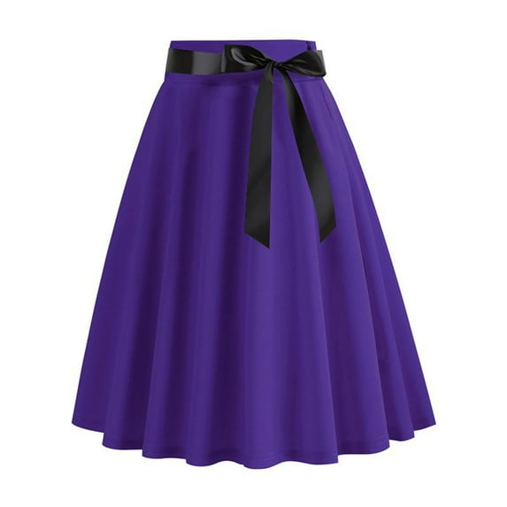 YTCAMLO Knee Length Midi Skirts for Women Vintage PU Bowknot A Line Skirts High Waisted Flared Skirts 1940s Flowy Pleated Long Skirts, Purple XL