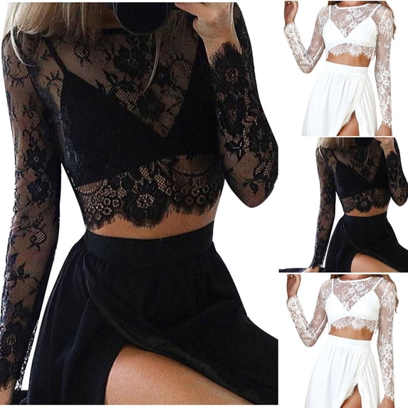 YTCAMLO Lace Long Sleeve Shirts for Women, Trendy Summer Lightweight Crew Neck Crop Tops, See Through Floral Mesh Blouses