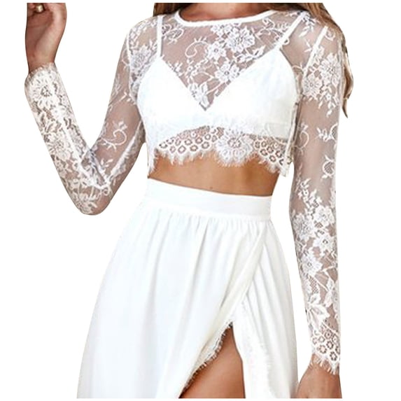 YTCAMLO Lace Long Sleeve Shirts for Women, Trendy Summer Lightweight Crew Neck Crop Tops, See Through Floral Mesh Blouses