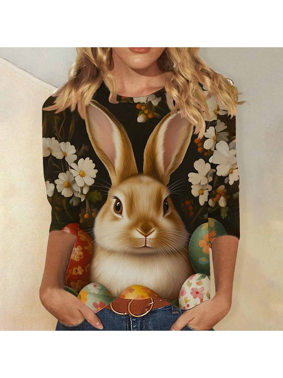 Ladies 3/4 Sleeve Easter Shirts Funny Fashion Graphic Tees Happy Easter Summer Tops Casual Crewneck Loose Fit Tunic Blouses XXXL