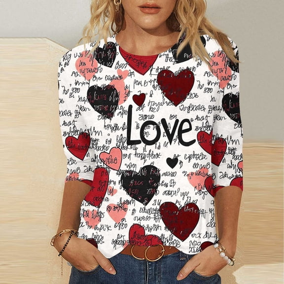 YTCAMLO Lightweight 3/4 Sleeve Shirts for Women Love Letter Valentines T Shirts Heart Pattern Going Out Tops Round Neck Womens Blouses Plus Size Tees
