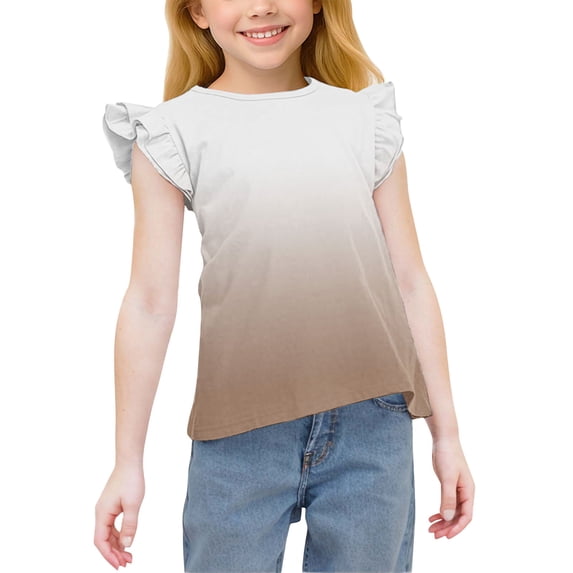 YTCAMLO Lightweight Short Sleeve Shirts for Girls Fashion Pullover Tops Gradient Printed Summer Blouses Ruffle Sleeve Tunic Shirts, Brown1 14-15 Years