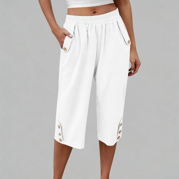 YTCAMLO Linen Pants for Women Fashion Elastic Waist Loose Capri Pants with Pockets Lightweight Comfy Plus Size Button Office Pants