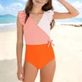 thumbnail image 1 of YTCAMLO Little Girls One Piece Swimsuits Summer Fashion Color Block Patchwork V Neck Ruffle Sleeve Bathing Suits Quick Dry Beach Swimwear, Orange 13-14 Years, 1 of 8