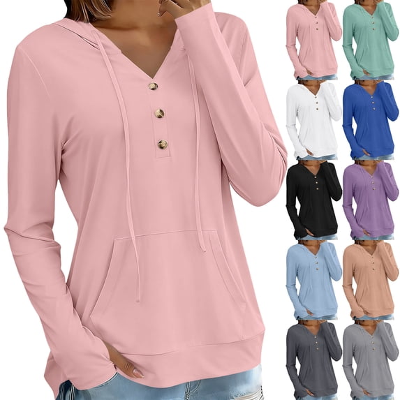 YTCAMLO Long Sleeve Sun Shirts for Women, Casual Loose Fit Button V Neck Sweatshirt with Kangaroo Pocket, Drawstring Workout Tops