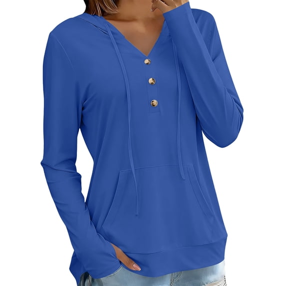 YTCAMLO Long Sleeve Sun Shirts for Women, Casual Loose Fit Button V Neck Sweatshirt with Kangaroo Pocket, Drawstring Workout Tops