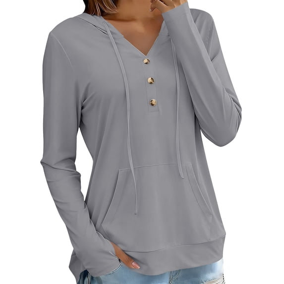 YTCAMLO Long Sleeve Sun Shirts for Women, Casual Loose Fit Button V Neck Sweatshirt with Kangaroo Pocket, Drawstring Workout Tops