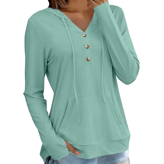 YTCAMLO Long Sleeve Sun Shirts for Women, Casual Loose Fit Button V Neck Sweatshirt with Kangaroo Pocket, Drawstring Workout Tops