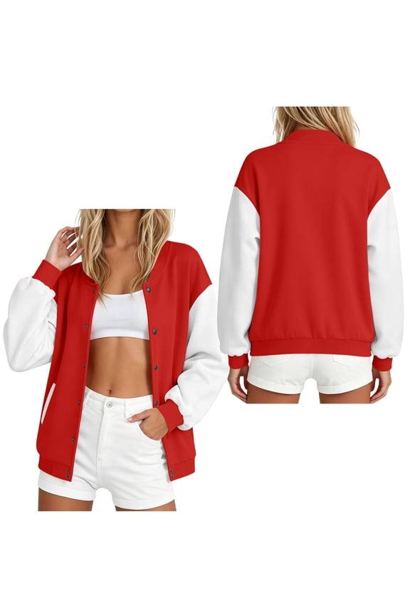 Loose Fit Baseball Jackets for Women, Trendy Button Down Varsity Jacket with Pockets, Bomber Long Sleeve Raglan Coat