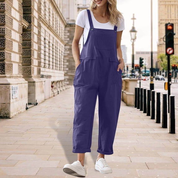 YTCAMLO Loose Fit Overalls for Women Y2K Casual Plus Size Adjustable Straps Cargo Jumpsuits with Pockets Cozy Cotton Linen Summer Outfits