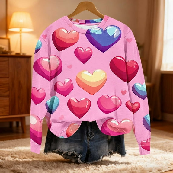 YTCAMLO Love Heart Pattern Oversized Sweatshirt for Women Trendy Loose Fitness Long Sleeve Shirts Valentines Gift Comfy Crew Neck Pullover Tops