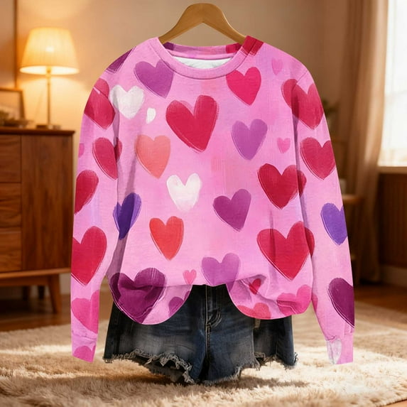 YTCAMLO Love Heart Pattern Oversized Sweatshirt for Women Trendy Loose Fitness Long Sleeve Shirts Valentines Gift Comfy Crew Neck Pullover Tops