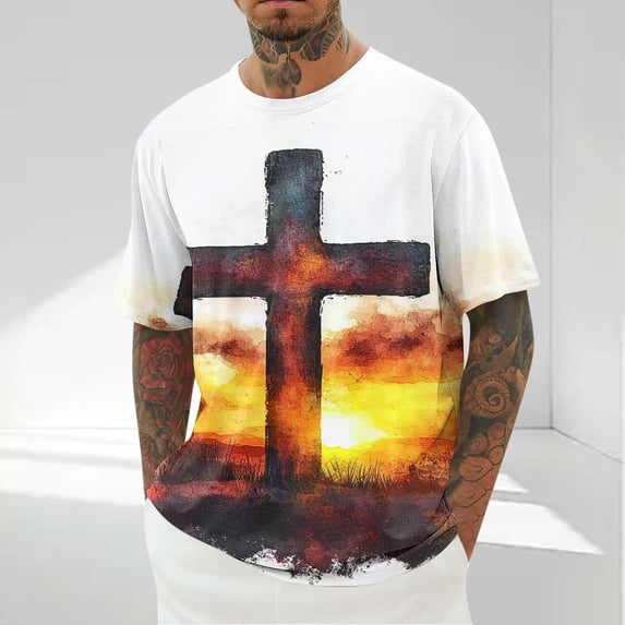 YTCAMLO Men's Christian Short Sleeve Shirts Casual Cross Printed Graphic Tees Oversized Crewneck T Shirts Lightweight Summer Clothes L