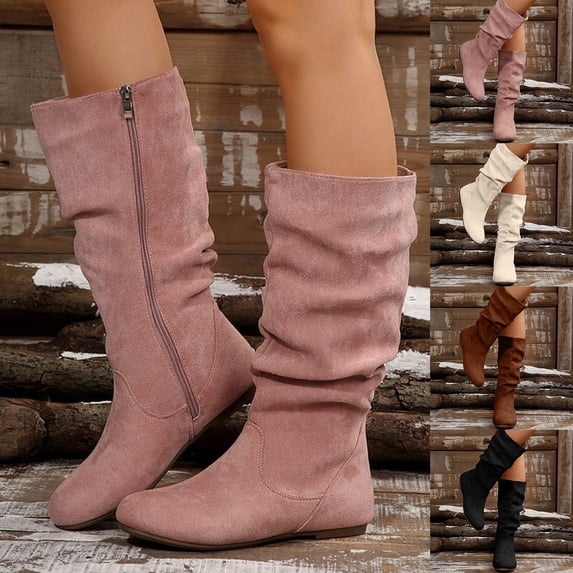 YTCAMLO Mid Calf Cowboy Boots for Women Casual Trendy Flat Side Zipper Slouch Boots Comfortable Round Toe Fall Winter Flat Boots