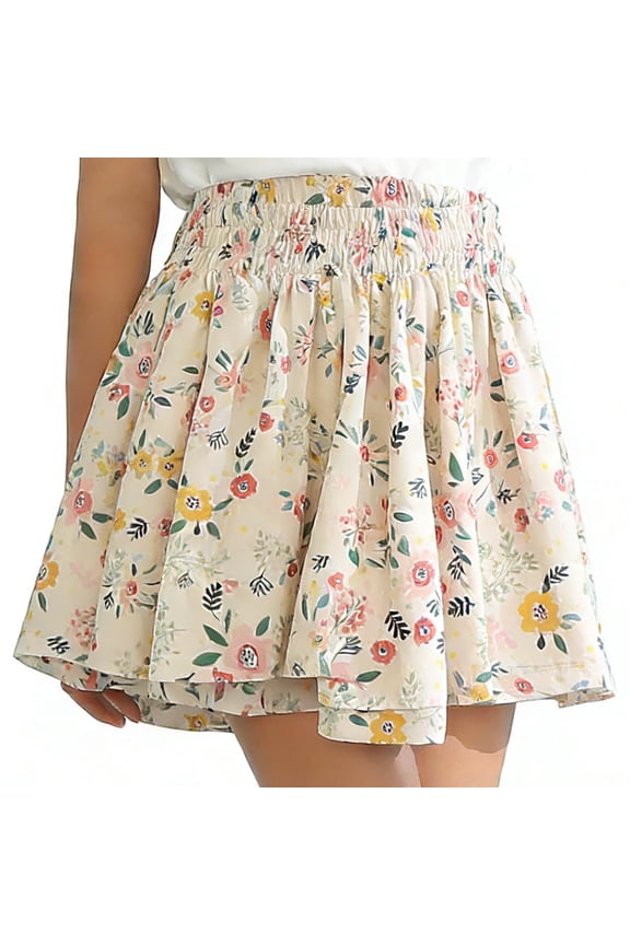 Mini Skater Skirt for Girls Casual Boho Elastic Waisted Flared Skirts Floral Printed Ruffle Chiffon Skorts Summer Beach Outfits, Beige 1-2Years