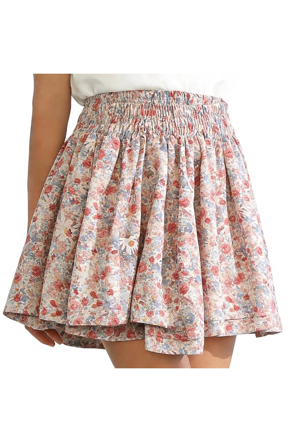 Mini Skater Skirt for Girls Casual Boho Elastic Waisted Flared Skirts Floral Printed Ruffle Chiffon Skorts Summer Beach Outfits, Pink 1-2Years