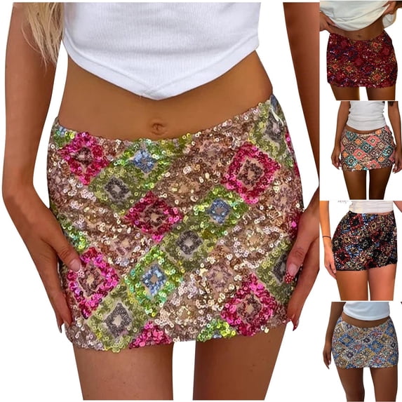 YTCAMLO Mini Skirts for Women Y2K Trendy Sparkle Sequin Contrast High Waist Bodycon Skirt Soft Shining Clubwear for Evening Outing