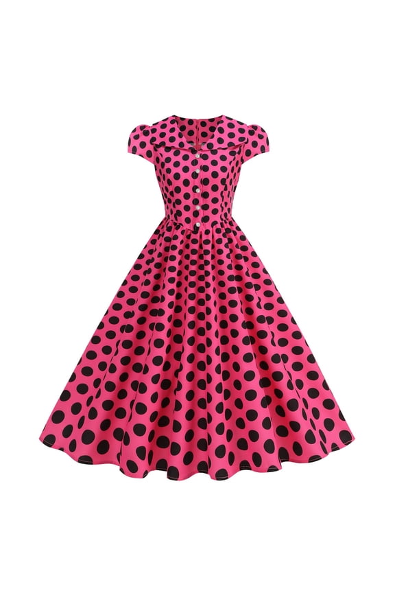 Notch Lapel 1950s Dresses for Women Dressy Button Down Tie Midi Dress Polka Dot Vintage Dress Flowy Cocktail Swing Dress, Hot Pink S