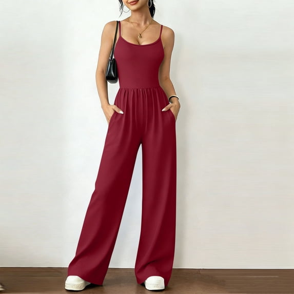 YTCAMLO One Piece Jumpsuits for Women Fashion Sleeveless Scoop Neck Ruched Summer Romper with Pockets Flowy Wide Leg Workout Jumpsuits