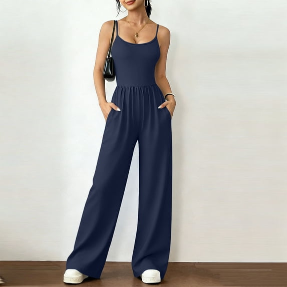 YTCAMLO One Piece Jumpsuits for Women Fashion Sleeveless Scoop Neck Ruched Summer Romper with Pockets Flowy Wide Leg Workout Jumpsuits