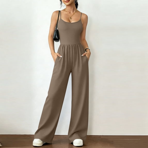 YTCAMLO One Piece Jumpsuits for Women Fashion Sleeveless Scoop Neck Ruched Summer Romper with Pockets Flowy Wide Leg Workout Jumpsuits