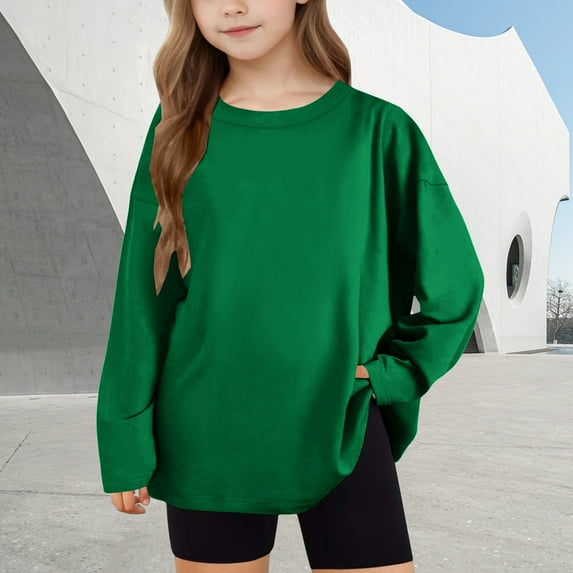 YTCAMLO Oversized Girls Long Sleeve Shirts Casual Fashion Loose Fit Tunic Tops Crewneck Layering Shirts Soft Comfy Basic Tees, Green1 8 Years