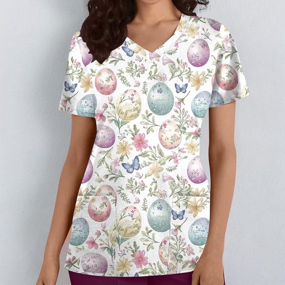 YTCAMLO Oversized Womens Easter Scrub Tops Casual Short Sleeve Medical Shirts Moisture Wicking Working Uniforms Soft Comfy Nurse Shirts XXL