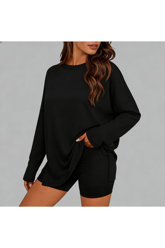 Oversized Womens Long Sleeve Shirts Casual Fashion Side Split Gym Workout Tops Loose Fit T Shirts Crewneck Basic Y2k Tees, Black L