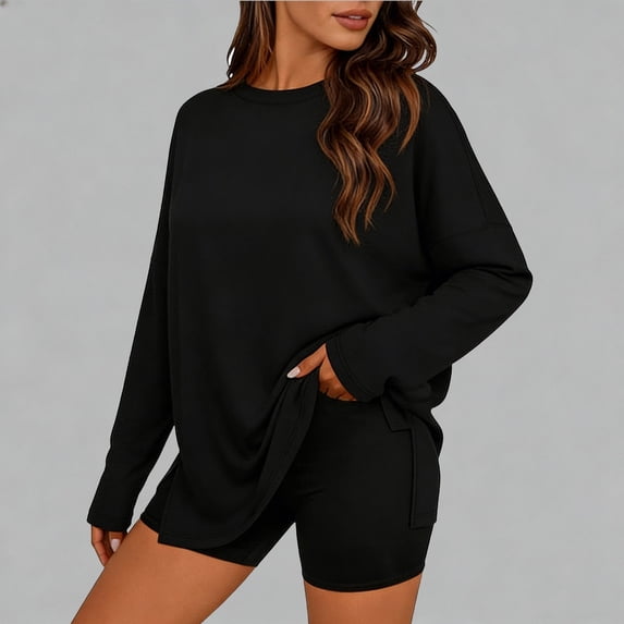 YTCAMLO Oversized Womens Long Sleeve Shirts Casual Fashion Side Split Gym Workout Tops Loose Fit T Shirts Crewneck Basic Y2k Tees, Black XXL