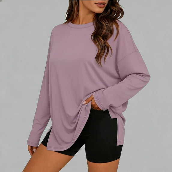 YTCAMLO Oversized Womens Long Sleeve Shirts Casual Fashion Side Split Gym Workout Tops Loose Fit T Shirts Crewneck Basic Y2k Tees, Pink XL